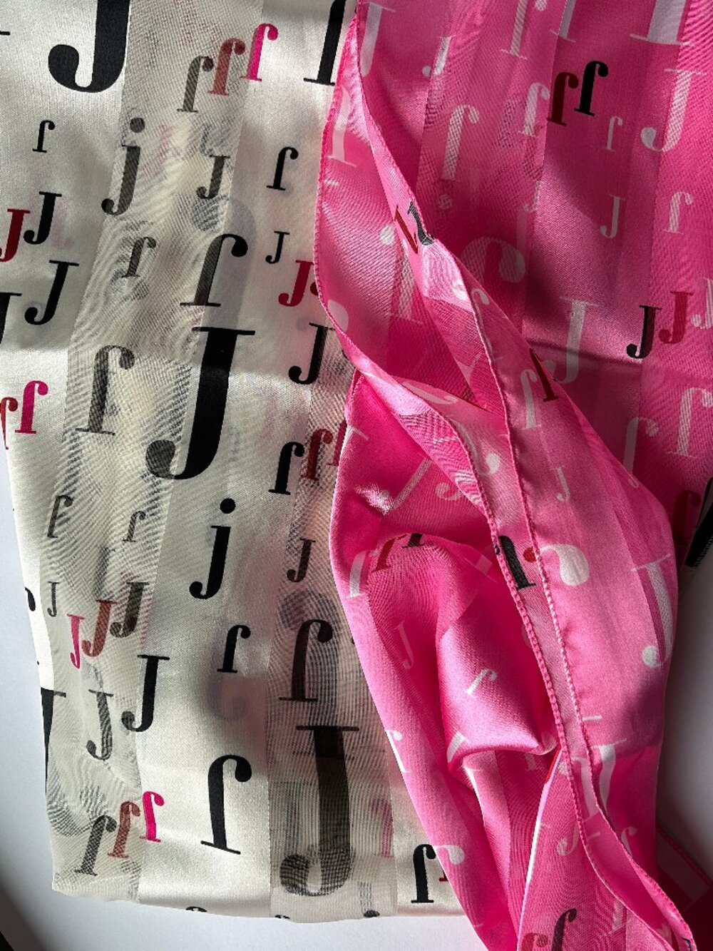 Lot of (2) "Letter J" Patterned Scarves - MINT condition - Oblong Shape 13" x 60